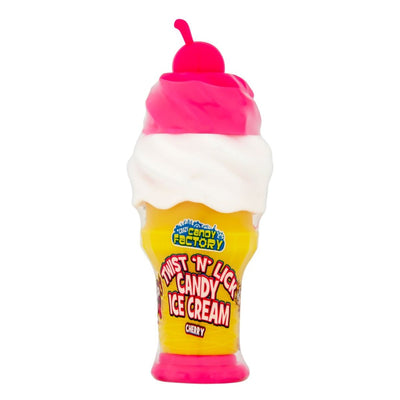 A plastic candy container shaped like a swirled ice cream cone with a cherry on top, labeled "Crazy Candy Factory - Twist 'N' Lick Candy Ice Cream Cherry, Blue Raspberry & Strawberry.