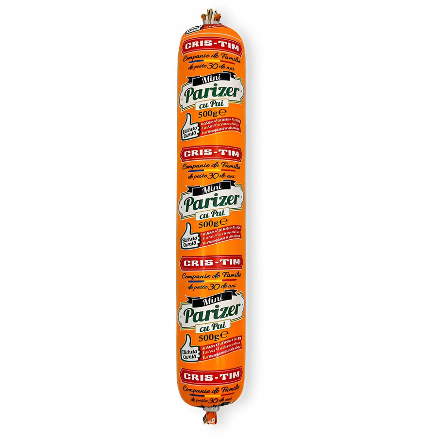 Cris-Tim Mini Chicken Baloney, 500g, features quality chicken protein in a conveniently packaged tube with orange and white labeling displaying product information.