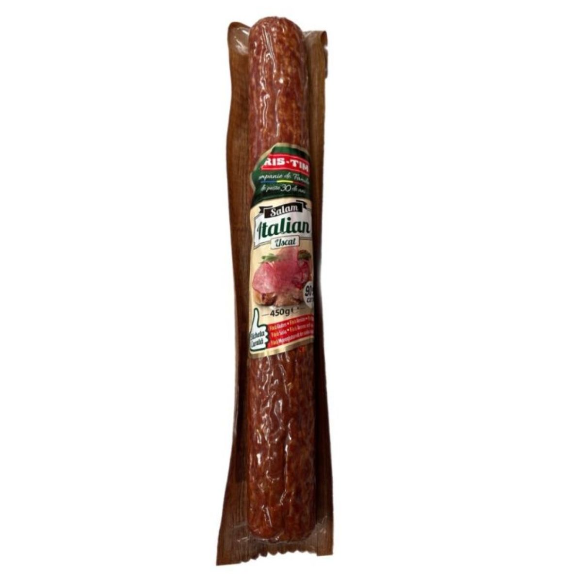 A packaged stick of salami with a label showing "Cris-Tim Salam Italian Uscat - 450g.