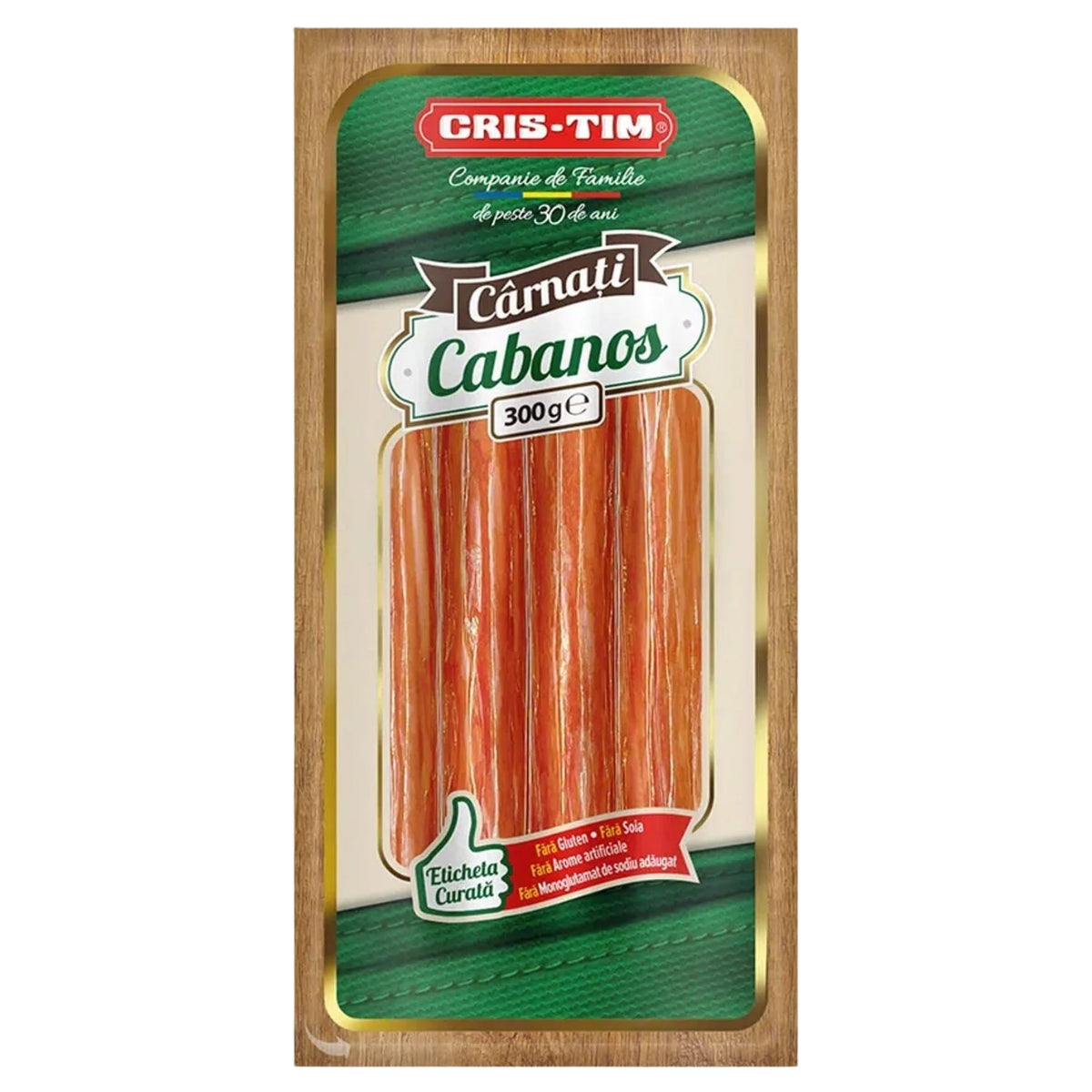 A package of Cris-Tim Camati Cabanos, featuring sticks of meat in a clear windowed package with green and red branding on a light wood background.