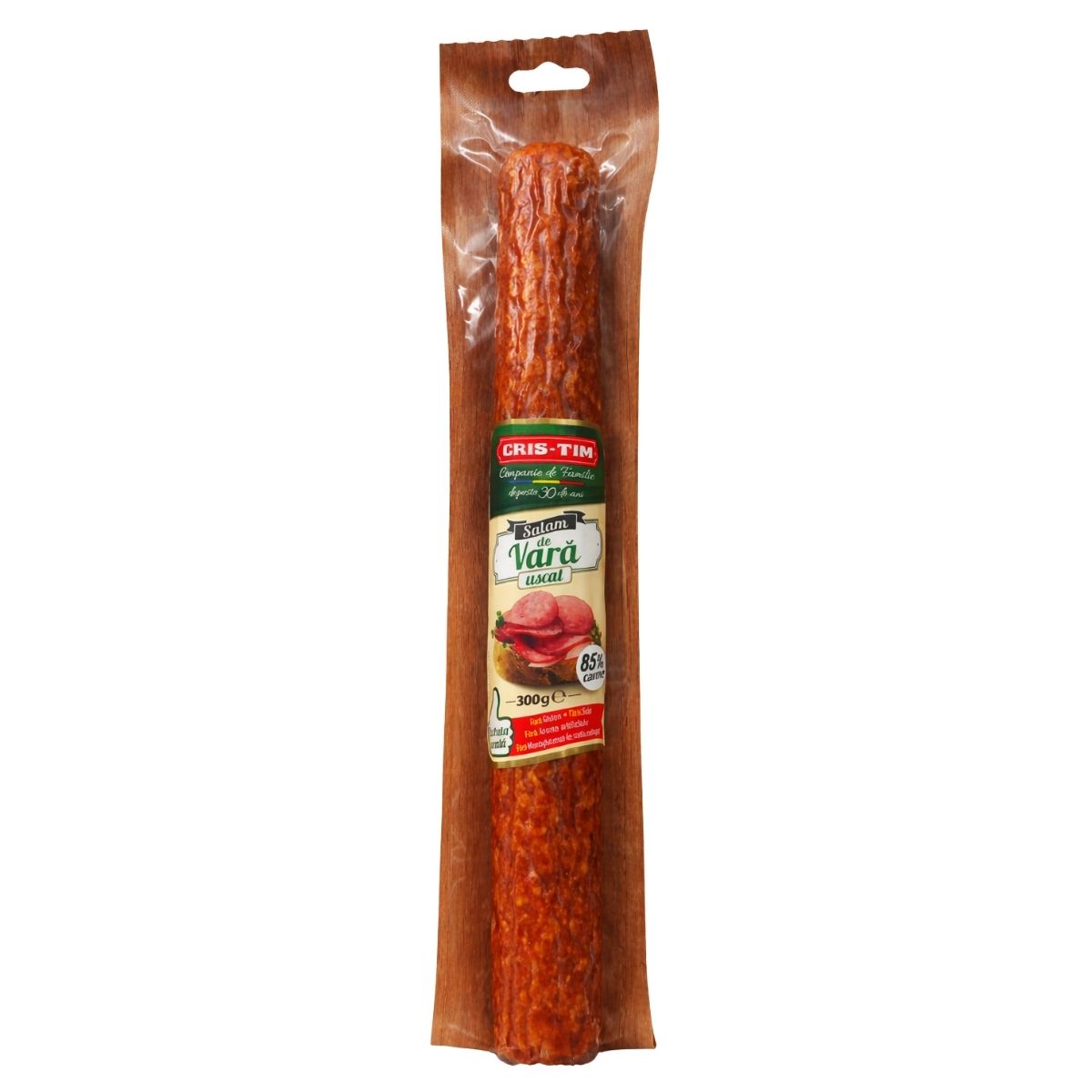 Packaged salami with a visible brand label on a white background