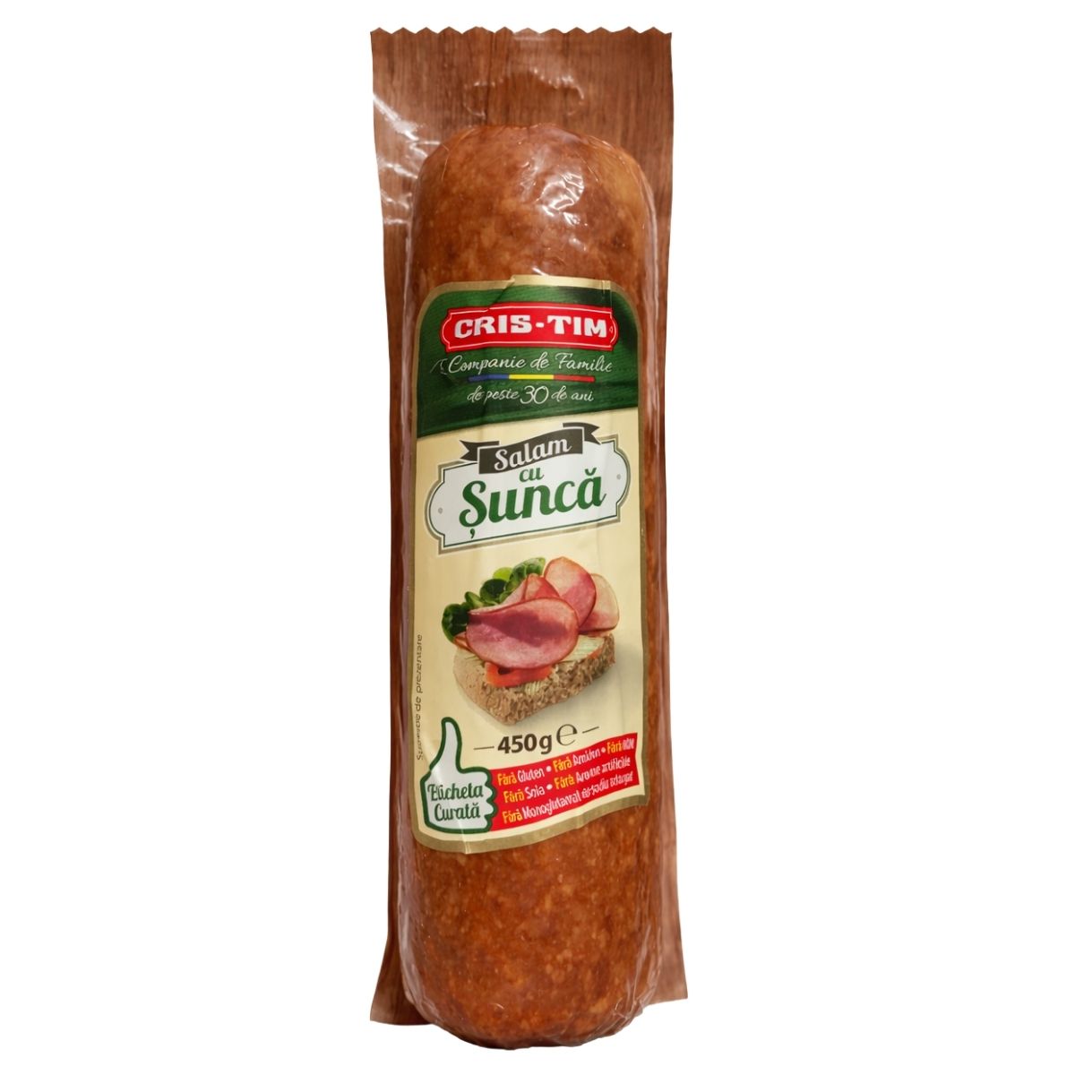 Packaged salami with Cris-Tim branding on a white background