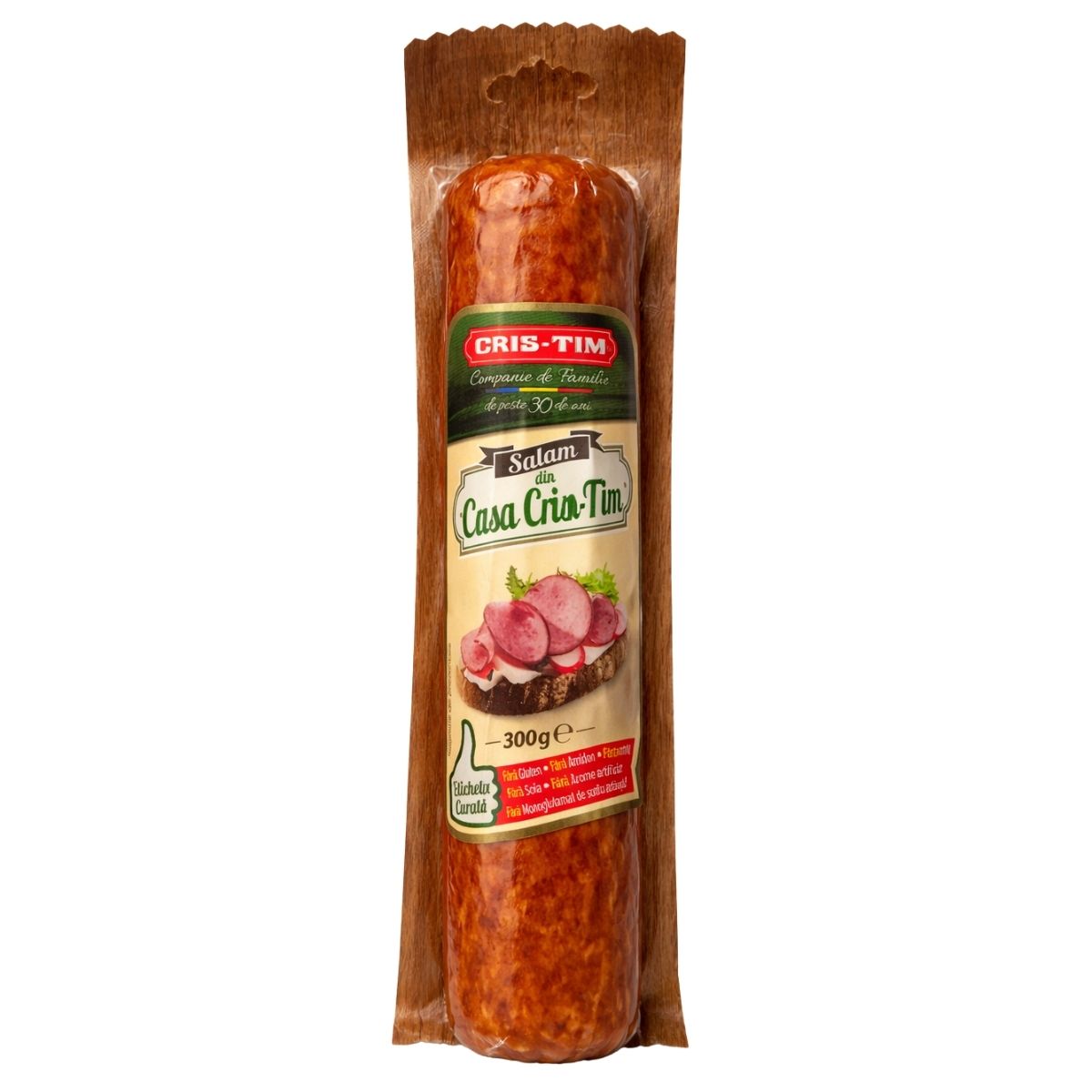 Packaged salami with Cris-Tim branding on a white background