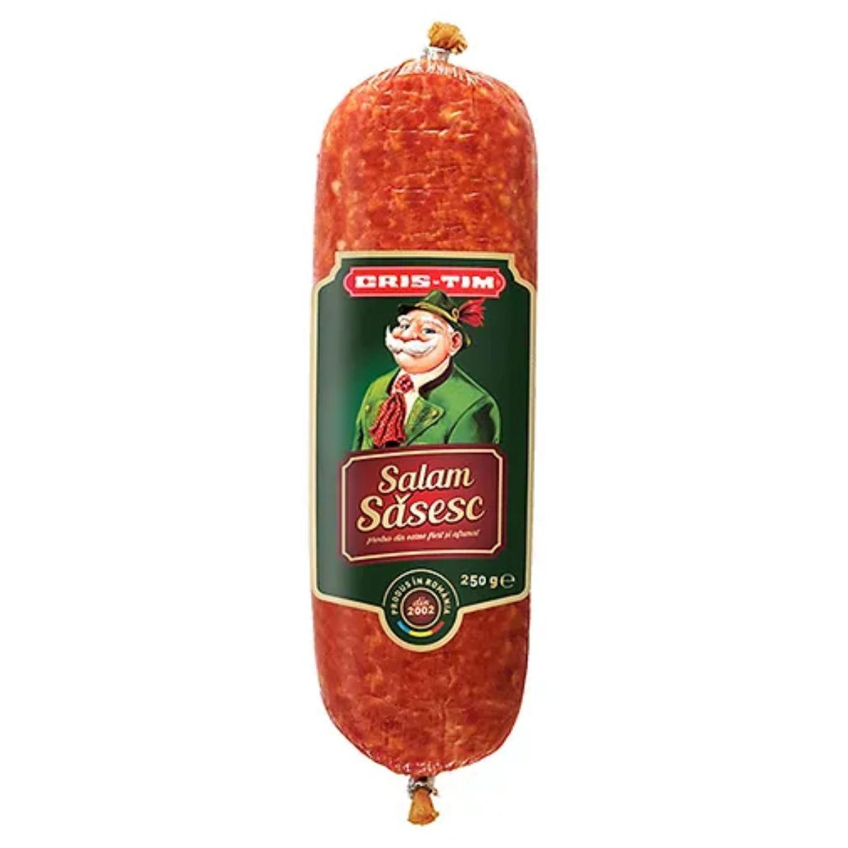 A CrisTim - Sasesc Salami - 250g with a picture of a man on it.