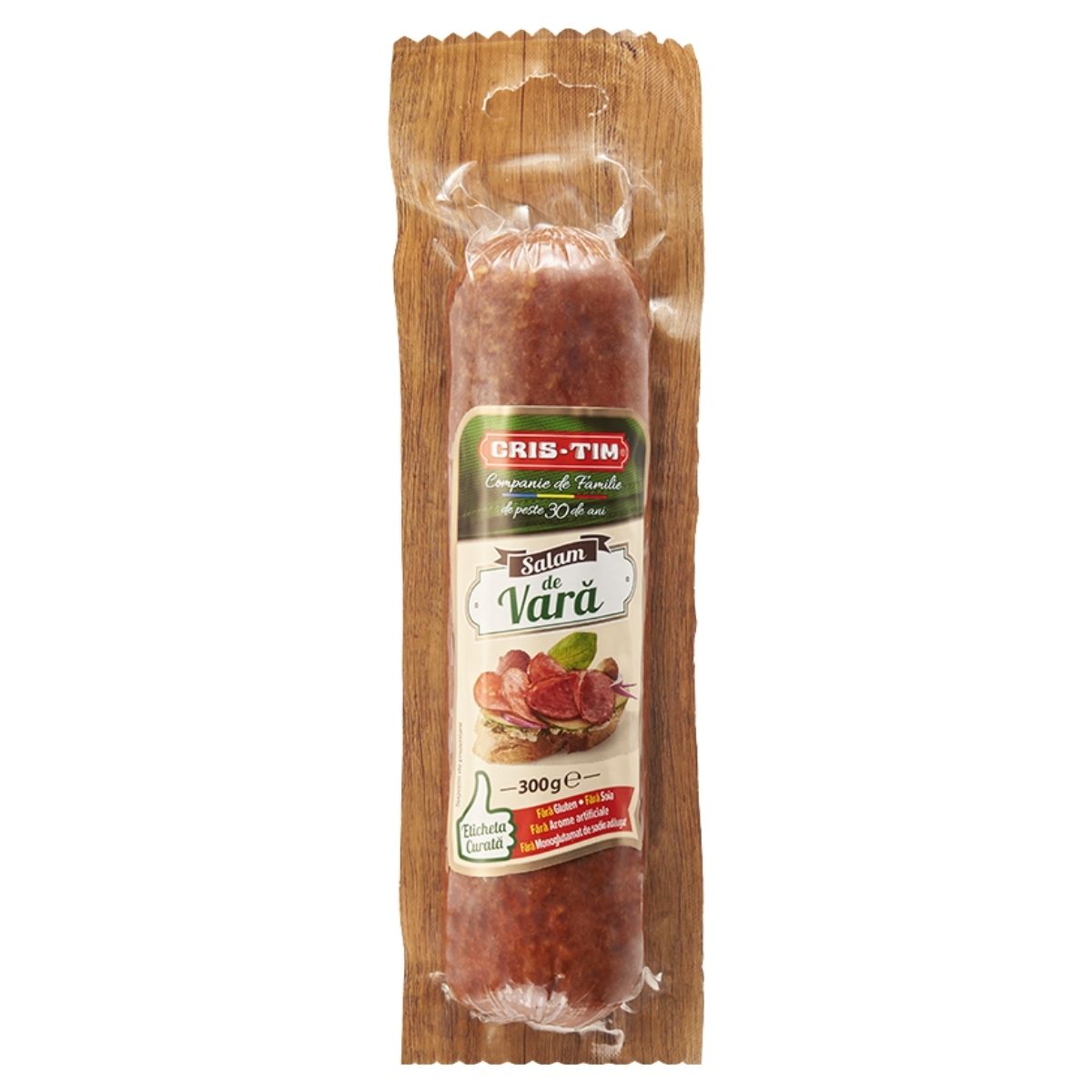 Packaged salami with a wooden design cover on a white background