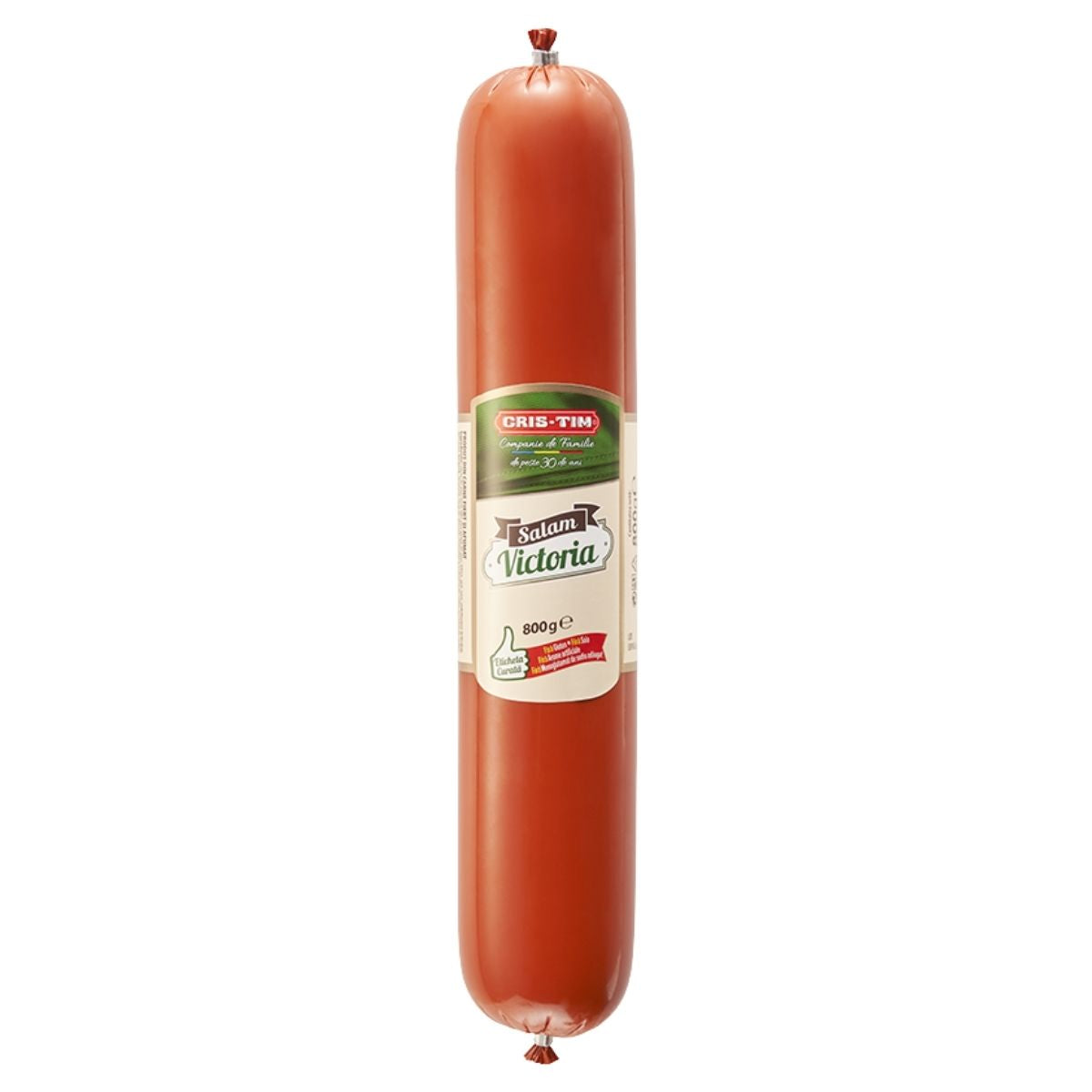 An 800g sealed roll of Cris Tim - Victoria Salami with a red casing and a white label displaying the Cris Tim brand and product details.