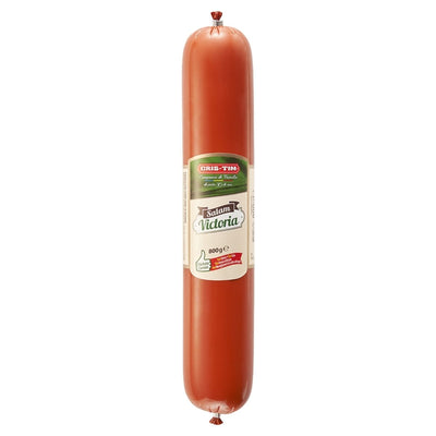 An 800g sealed roll of Cris Tim - Victoria Salami with a red casing and a white label displaying the Cris Tim brand and product details.