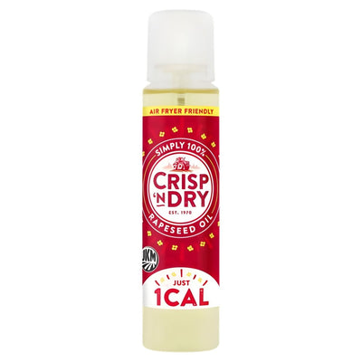 A 200ml Crisp 'n Dry Air Fryer Rapeseed Oil Spray can with red and white label, "Just 1 Cal," "Air Fryer Friendly," and low saturated fat highlighted on the front.