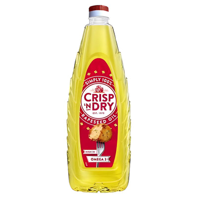 Crisp 'n Dry - 100% Rapeseed Oil - 1L comes in a clear plastic bottle with a red label and screw cap, containing yellow cooking oil rich in omega-3.