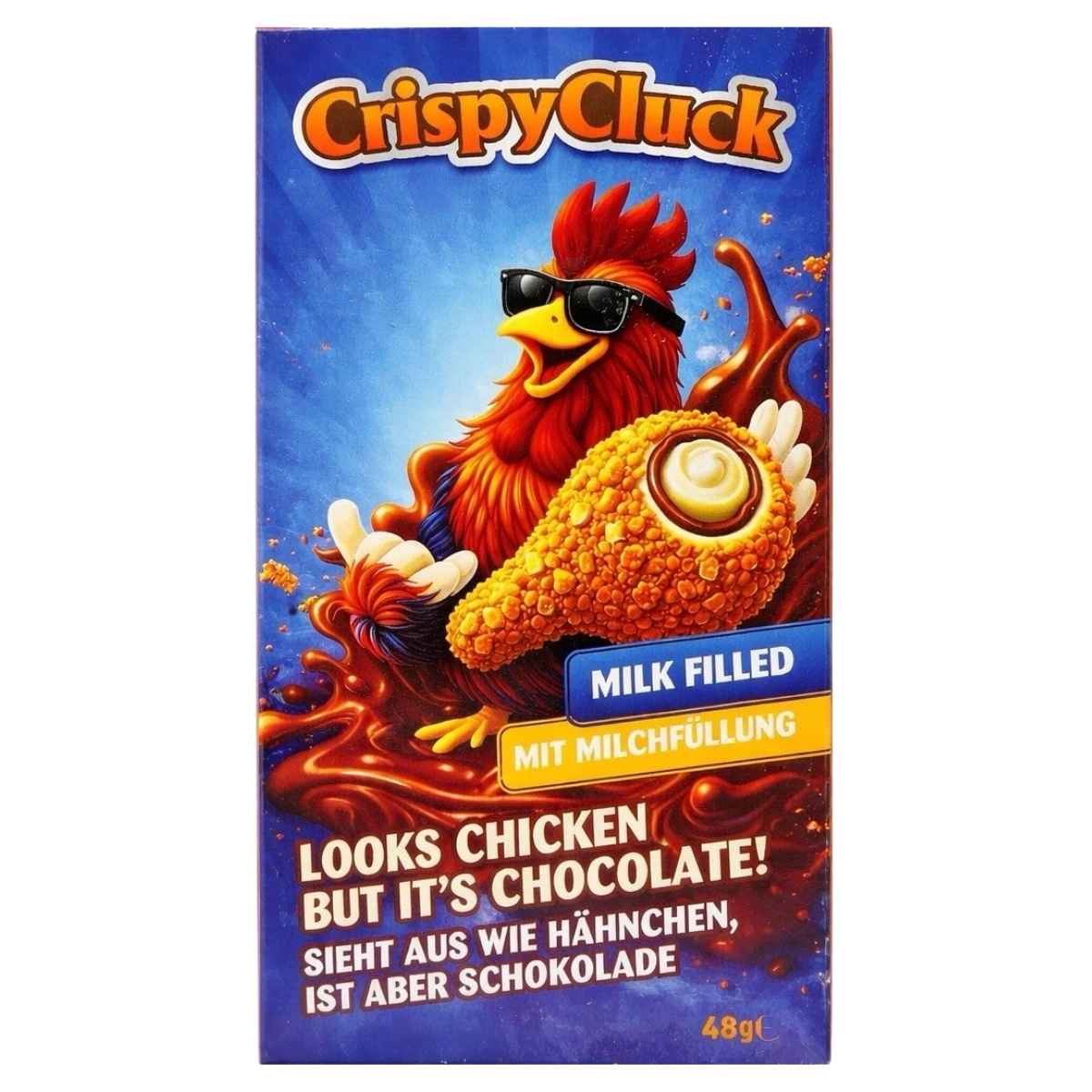 Crispy Cluck chocolate packaging with a cartoon rooster and chocolate filling.