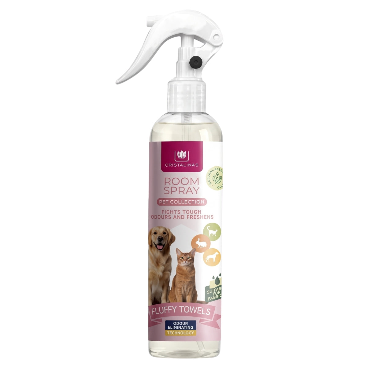 A bottle of Cristalinas Room Spray Pet Collection, featuring a white trigger spray top and a clear bottle showing a light-colored liquid inside. The label is white with pink accents, featuring images of a golden retriever and a cat, and text indicating it fights odours and fresheners.