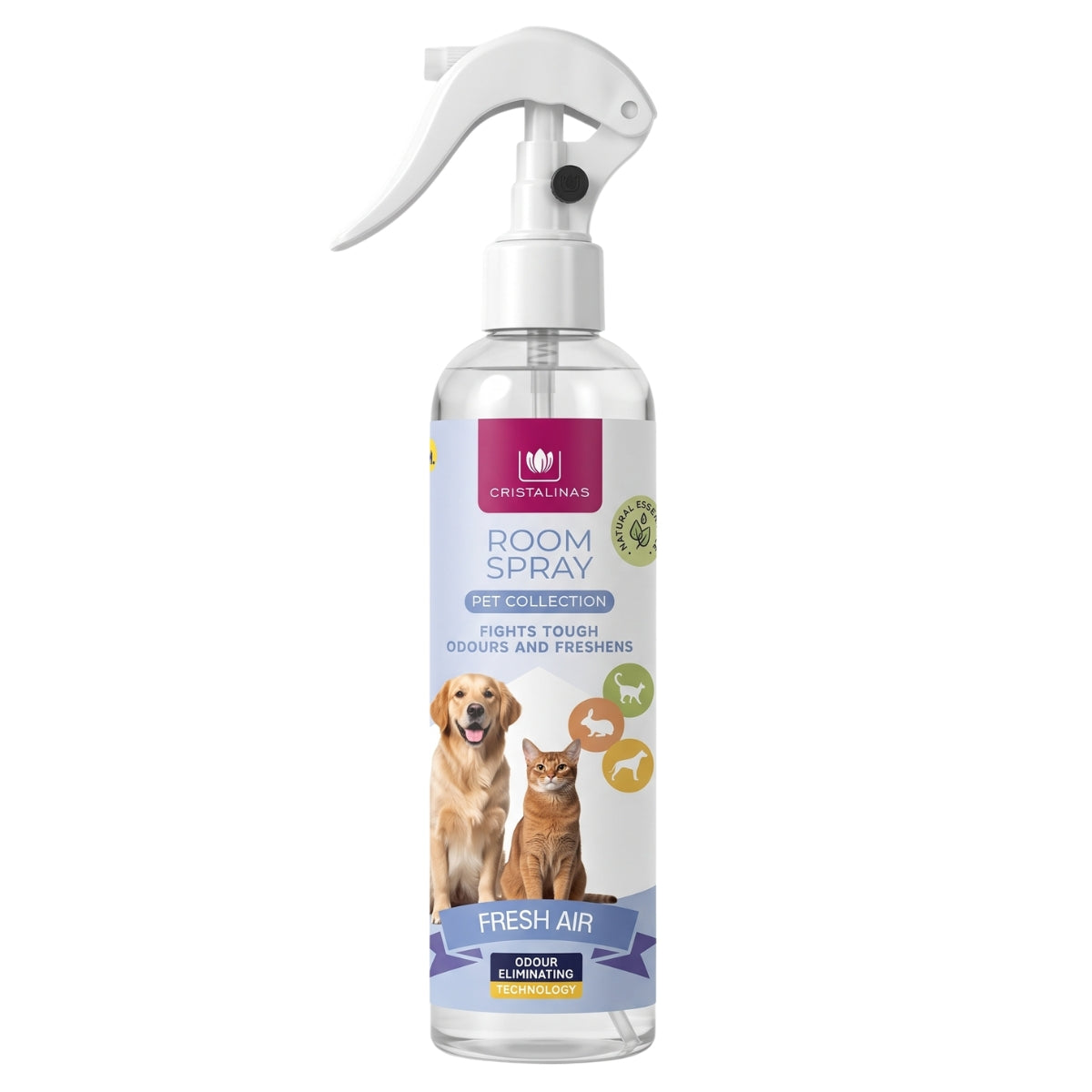 A clear spray bottle labeled “Cristalinas - Odour Eliminating Fresh Air Room Spray - 250ml” from the brand Cristalinas, featuring images of a dog and cat on the label.