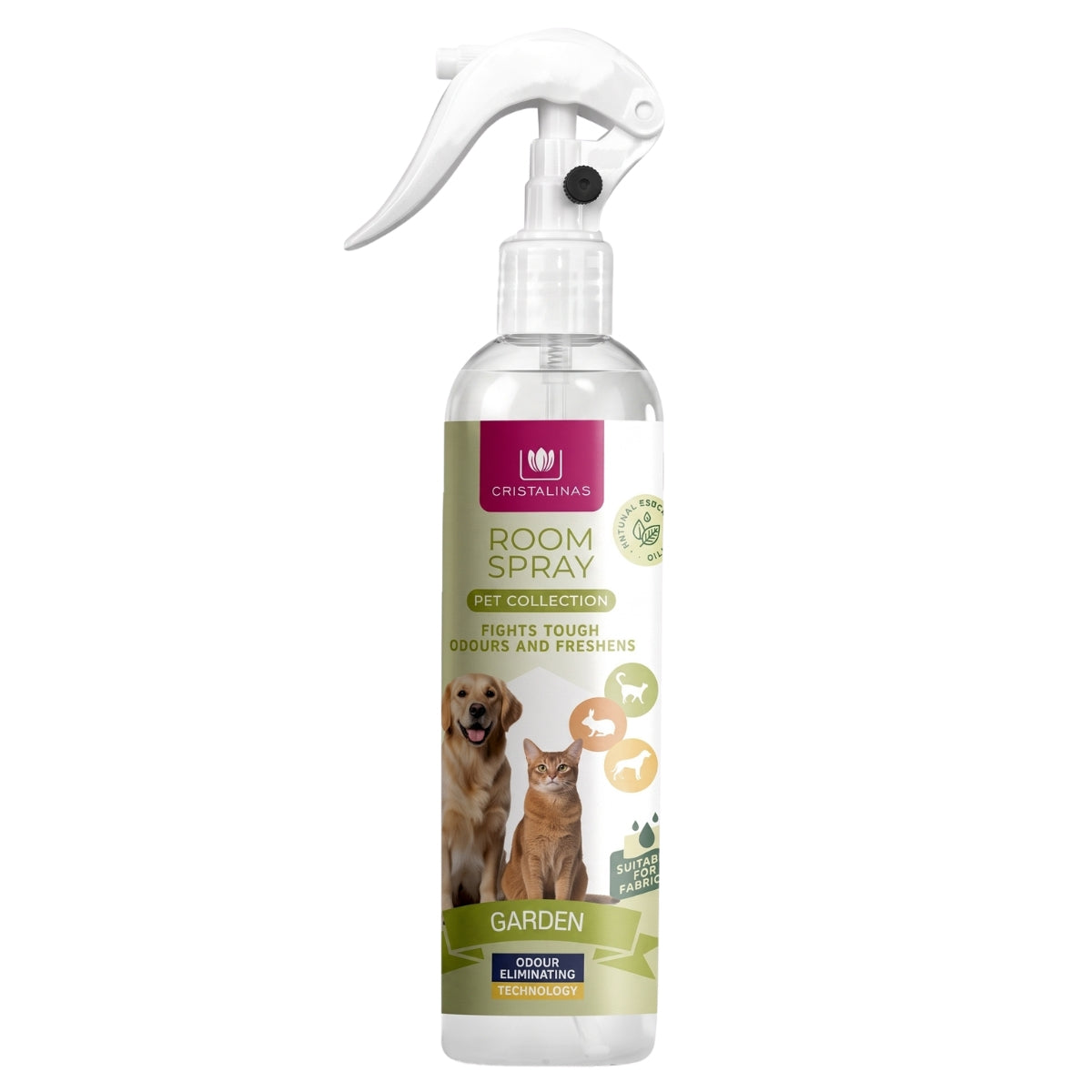 A bottle of Cristalinas Room Spray Pet Collection in the Garden scent, featuring a white trigger spray top and a label with a golden retriever and a cat on a clean white background.
