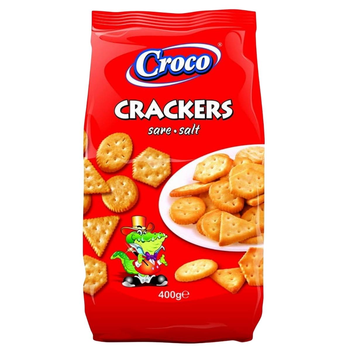 Red package of Croco crackers 400g salt biscuits with a cartoon character on a white background