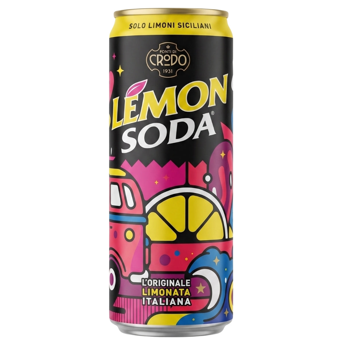 A 330ml can of Crodo Lemon Soda displays vibrant, cartoon-style artwork with a pink van, lemon slices, stars, and Italian lettering set against a black background; crafted by Crodo with refreshing natural mineral water and zesty lemon juice for an authentic taste.