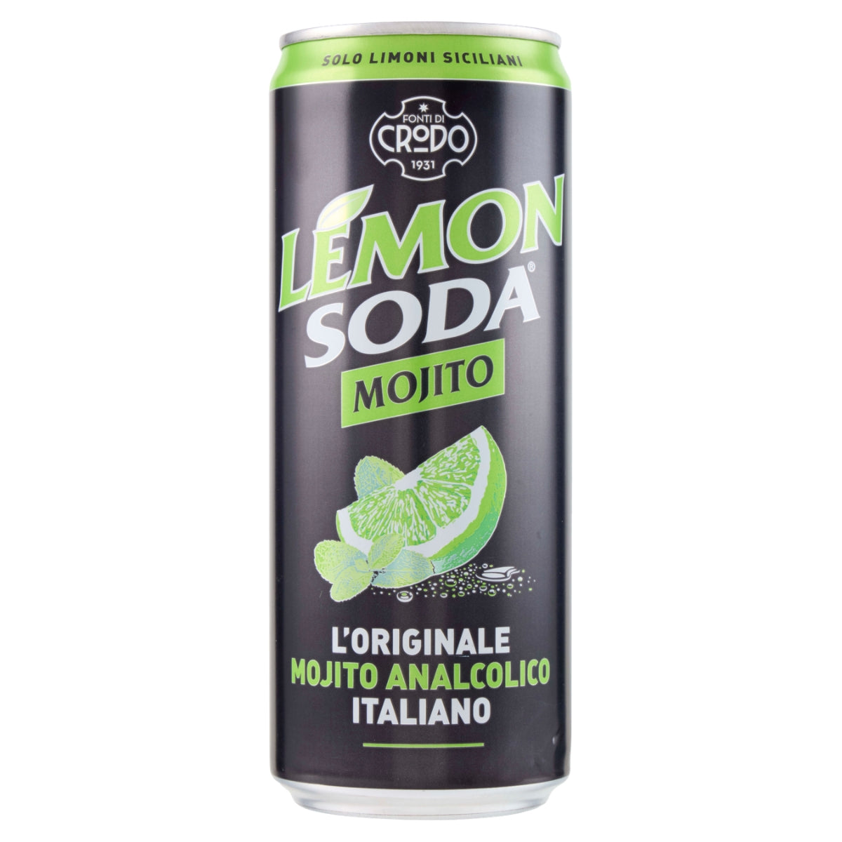 A single can of Crodo 1931 Lemon Soda Mojito non-alcoholic drink, featuring a black label with green and white text and a lime slice graphic, on a plain white background.