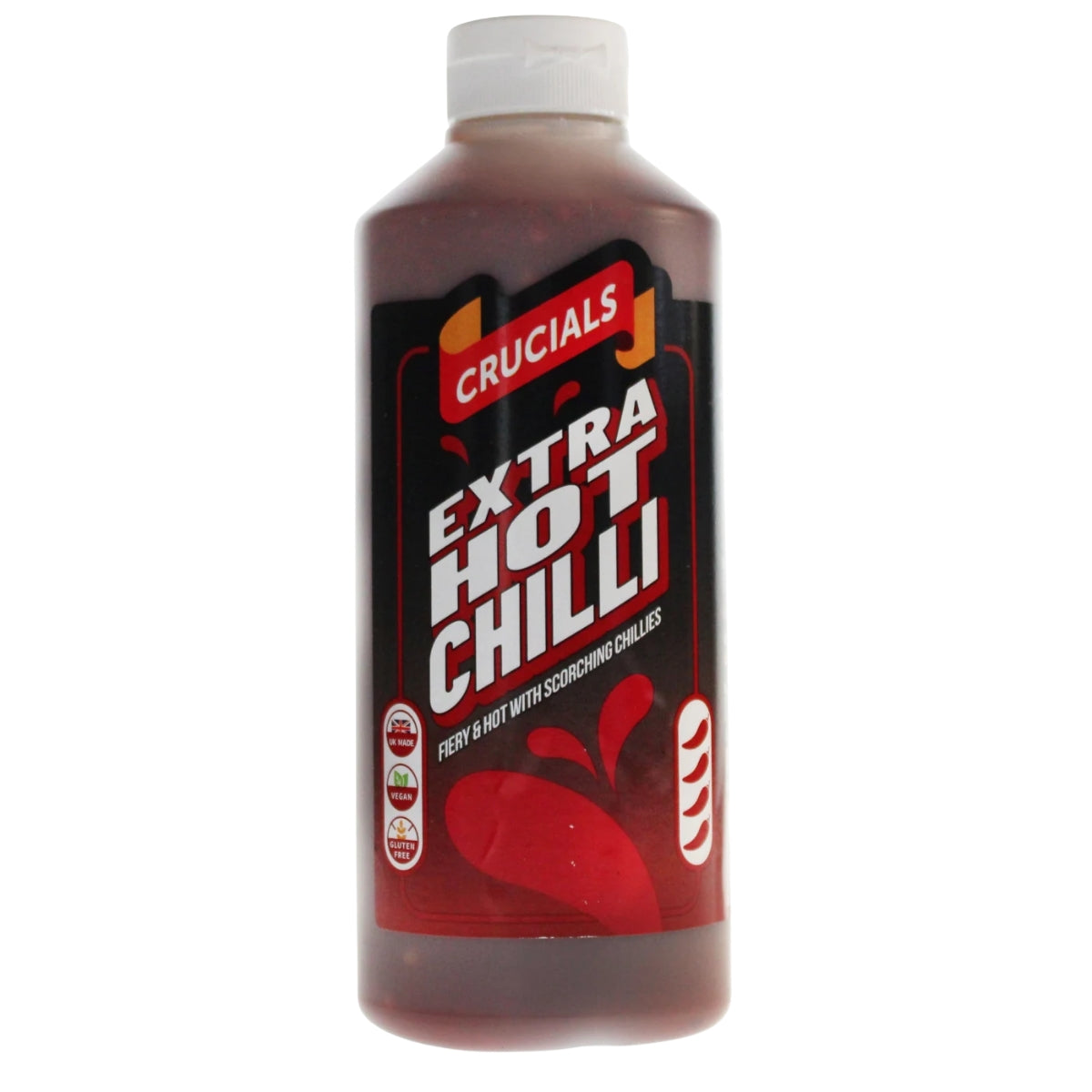 A 500ml plastic bottle of Crucials - Extra Hot Chilli Sauce, marked by the brand’s signature red label and white cap, features bold “Extra Hot Chilli” text alongside chili pepper graphics—an intensely spicy favorite for Crucials fans.