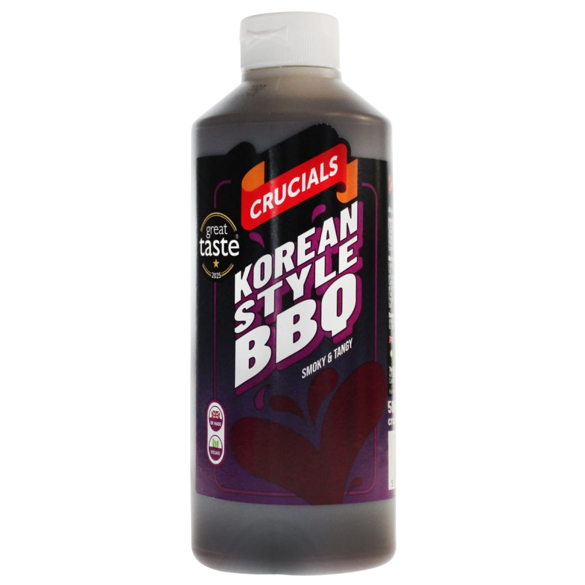 A 500ml bottle of Crucials Korean Style Smoky & Tangy BBQ Sauce, featuring a black and purple label and a white cap.