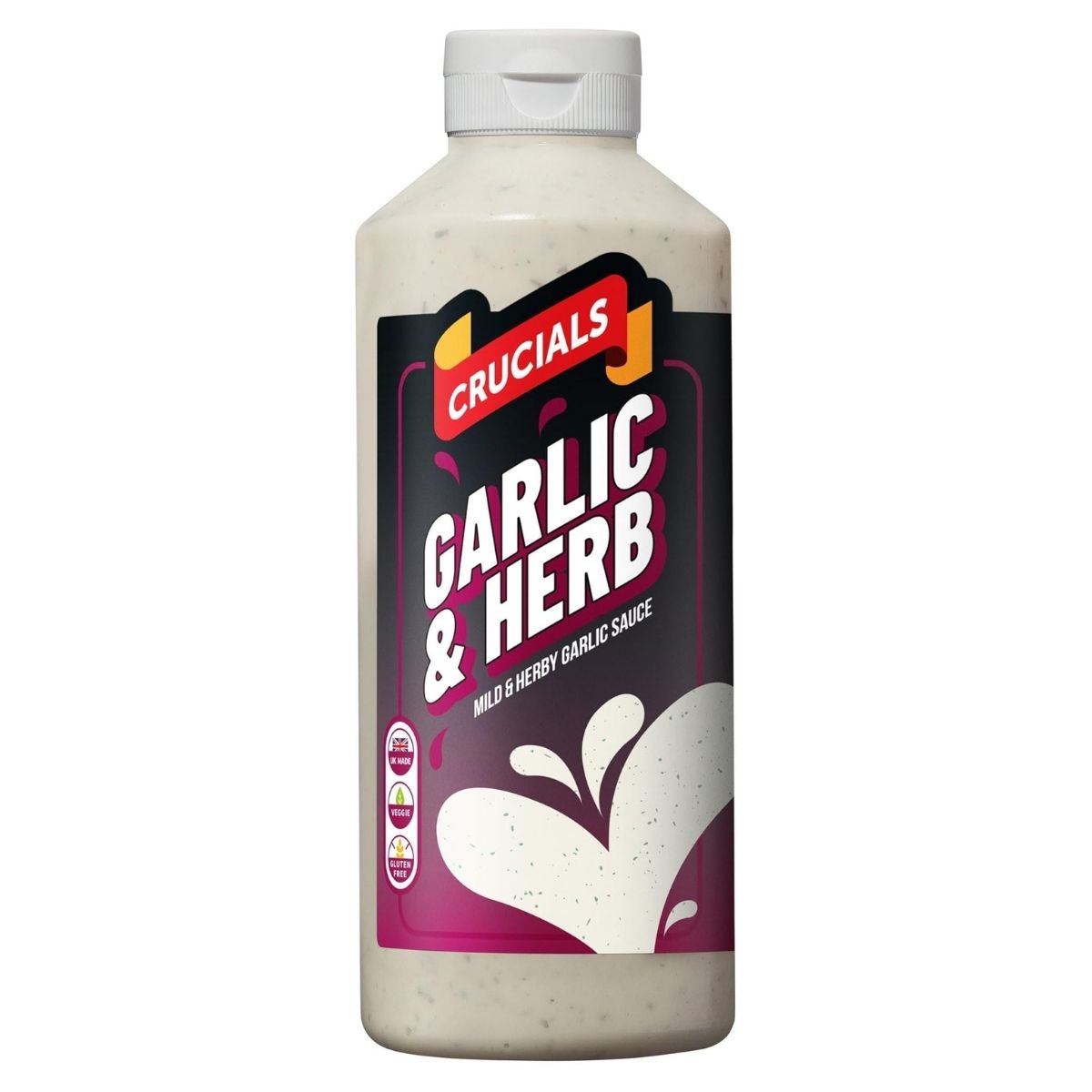 A 500ml bottle of Crucials Mild & Herby Garlic Sauce, capped in white, with a black and pink label featuring text and graphics.