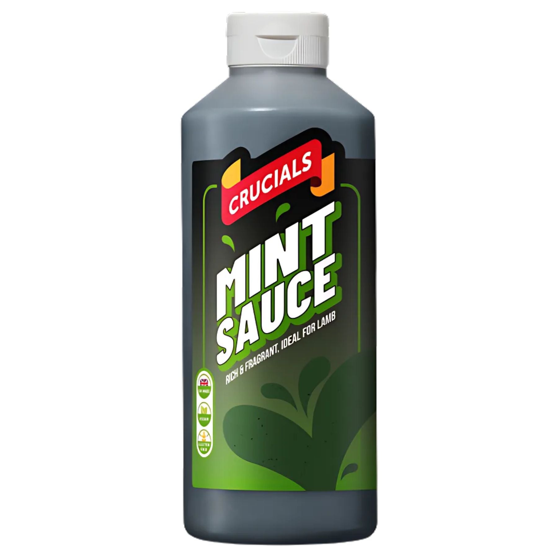A 500ml plastic bottle of Crucials Mint Sauce with a green label and white cap—rich, fragrant, and ideal for topping lamb dishes.