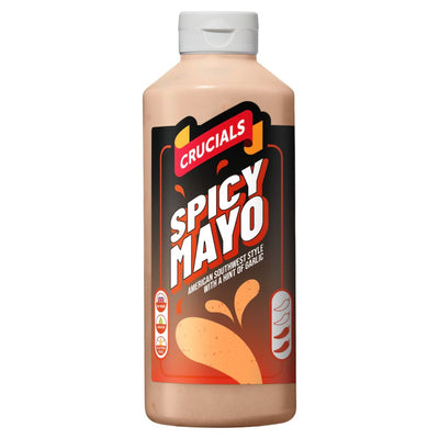 Crucials - Spicy Mayo - 500ml is an American Southwest style mayo with a hint of garlic and chilli twist. Vegetarian-friendly, it features a bold black and orange label, perfect for adding flavor to any dish.