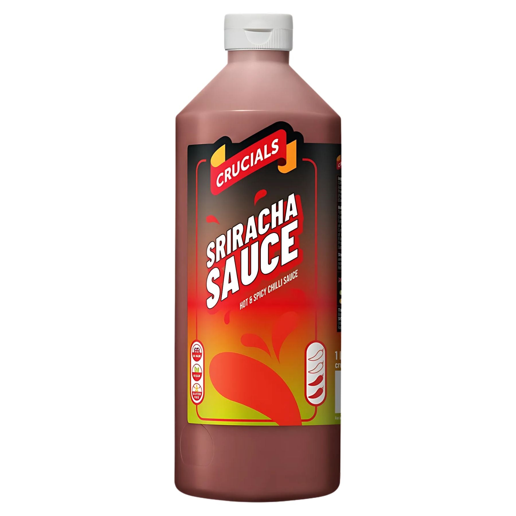 A 1L bottle of Crucials Sriracha Hot & Spicy Chilli Sauce, featuring a bold red and yellow design with a white cap.