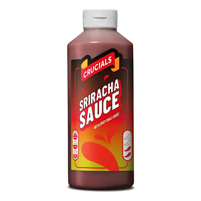 A 500ml plastic bottle of Crucials Sriracha Hot & Spicy Chilli Sauce with a white cap and a red-and-yellow label.