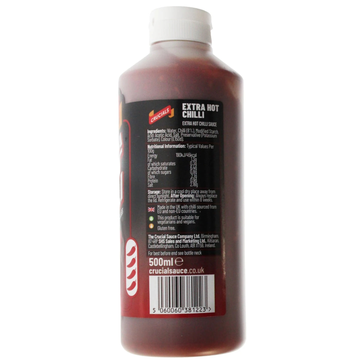 A 500ml bottle of Crucials - Extra Hot Chilli Sauce from Crucials, featuring a white cap with ingredient list, nutrition information, and barcode clearly shown on the back label—ideal for spice enthusiasts who want to bring real heat to their dishes.