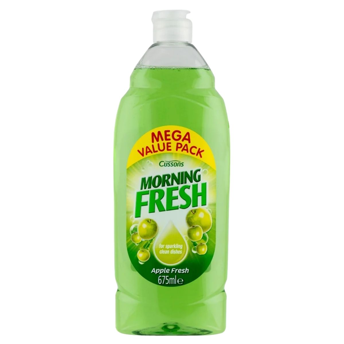 Green bottle of Cussons Morning Fresh Apple Fresh dishwashing liquid on a white background