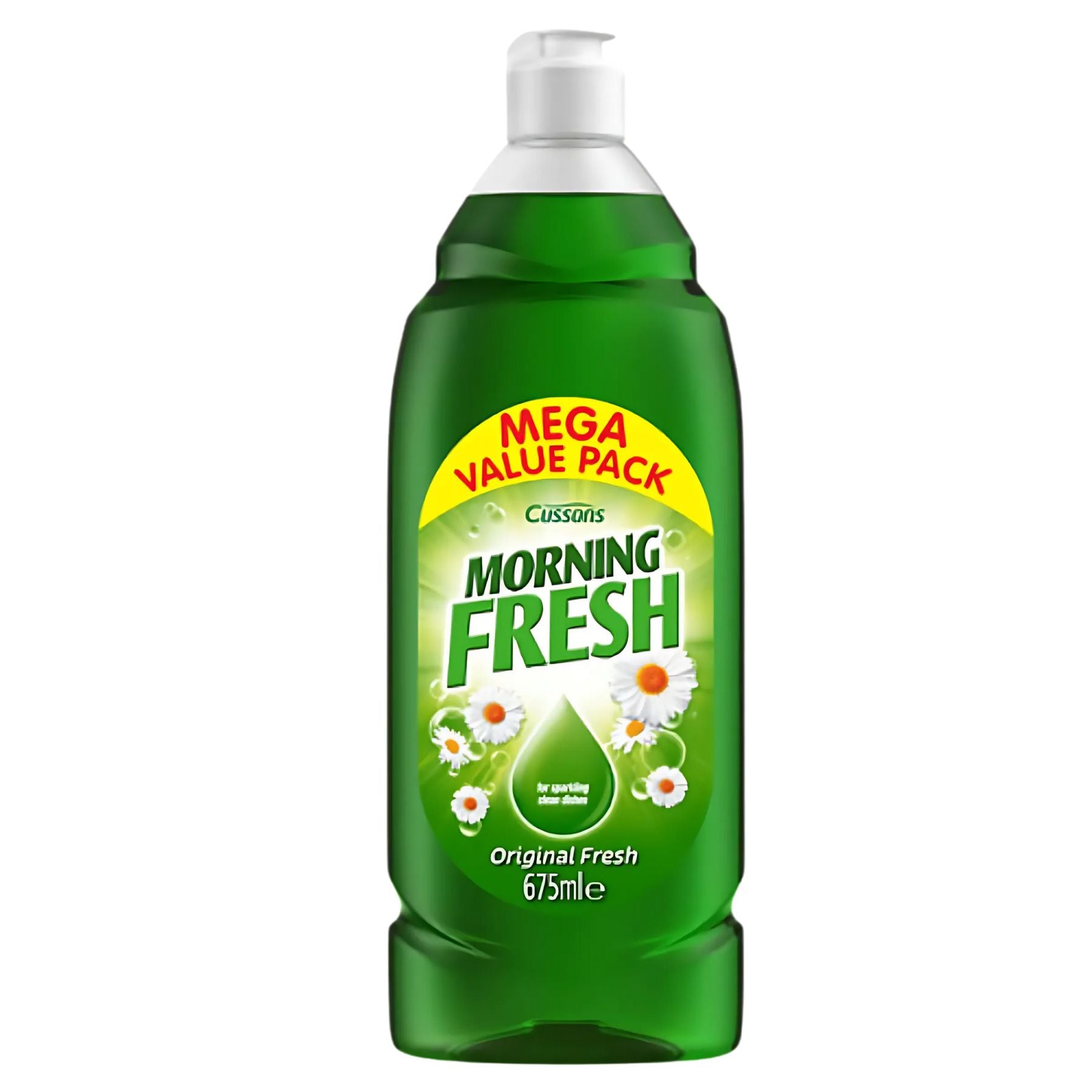 The 675ml Cussons Morning Fresh Original Washing Up Liquid delivers sparkling clean dishes every wash, with green liquid and a “Mega Value Pack” label.