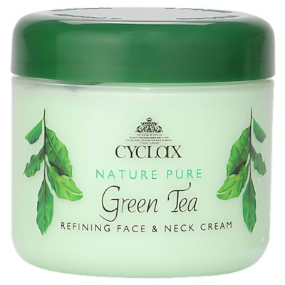 A 300ml jar of Cyclax Nature Pure Green Tea Face & Neck Cream, featuring green tea imagery on the label and a green lid.