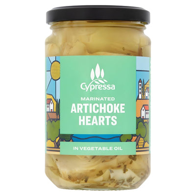 A 280g jar of Cypressa Marinated Artichoke Hearts in vegetable oil, with a green and blue label featuring an illustrated town and landscape—ideal for antipasto platters.