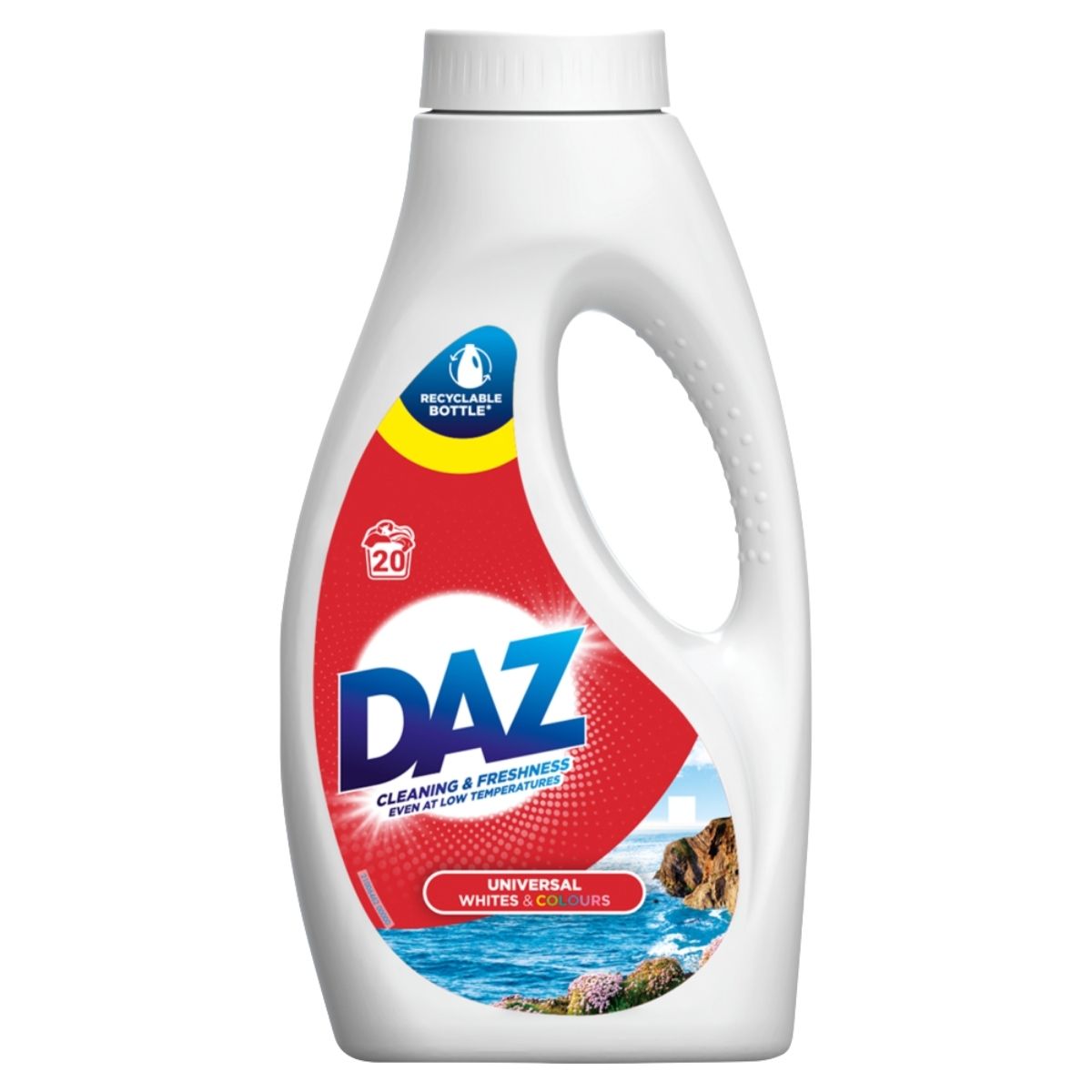 A white DAZ - Universal Whites & Colours Laundry Detergent 660ml bottle with handle features a blue and red label, offers stain removal for whites and colours, provides 20 washes, and comes in a recyclable bottle.