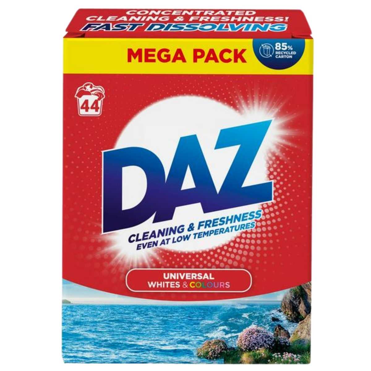 Front view of a DAZ Universal Whites & Colours Washing Powder 2.2kg box (44 washes), branded DAZ, for cleaning, stain removal, and freshness—ideal for whites and colors. Box features sea and rocks imagery at the bottom.