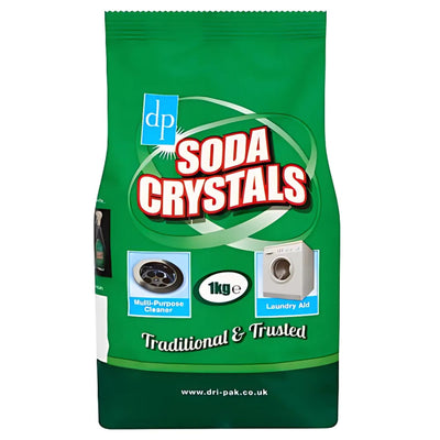 A green 1kg bag of DP - Clean & Natural Soda Crystals with "Traditional & Trusted" text, icons for multi-use cleaning and laundry aid. This non-toxic product is ideal for household tasks.