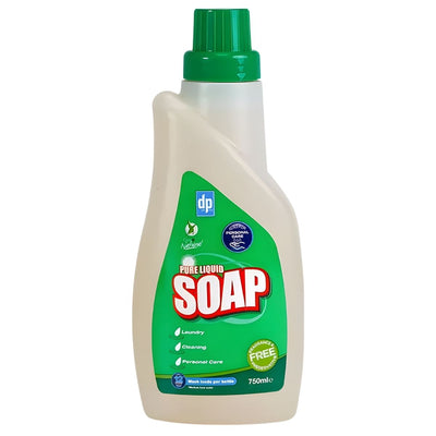 DP - Pure Liquid Soap 12 Washes - 750ml by DP, with a green cap and label, is ideal for laundry, cleaning, and gentle daily hand and body care.