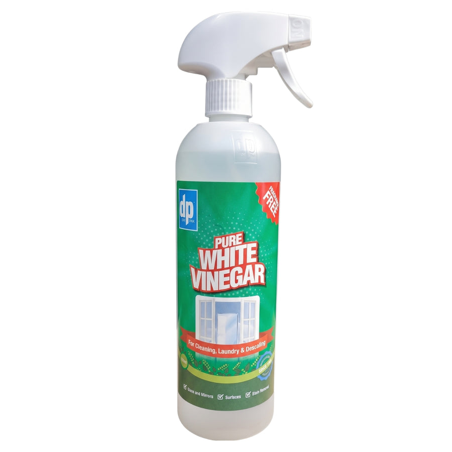 A clear plastic spray bottle of DP - Pure White Vinegar - 750ml, featuring a green label that highlights uses for cleaning, laundry, and descaling.
