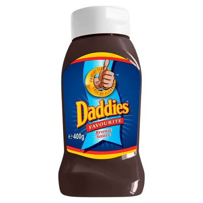 A 400g plastic bottle of Daddies Brown Sauce by Daddies, the classic British condiment, with a white cap and blue label featuring a thumbs up graphic.