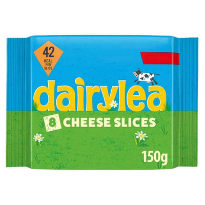 Dairylea - 8 Cheese Slices, 150g pack by Dairylea, features blue and green packaging with a cow image; each creamy slice contains 42 kcal.