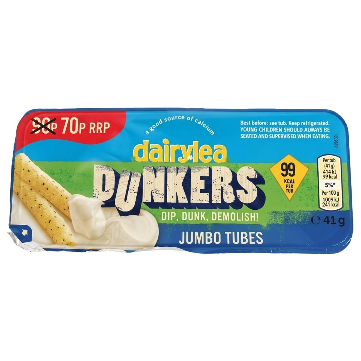 Dairylea - Dunkers Jumbo Tubes, 41g pack, low calorie with 99 kcal, comes in blue and green packaging with a 70p RRP sticker.