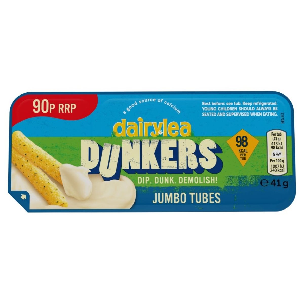 Dairylea - Dunkers Jumbo Tubes - 41g with cheese dip. Contains 98 kcal per serving. The packaging includes nutritional information and suggests a retail price of 90p.