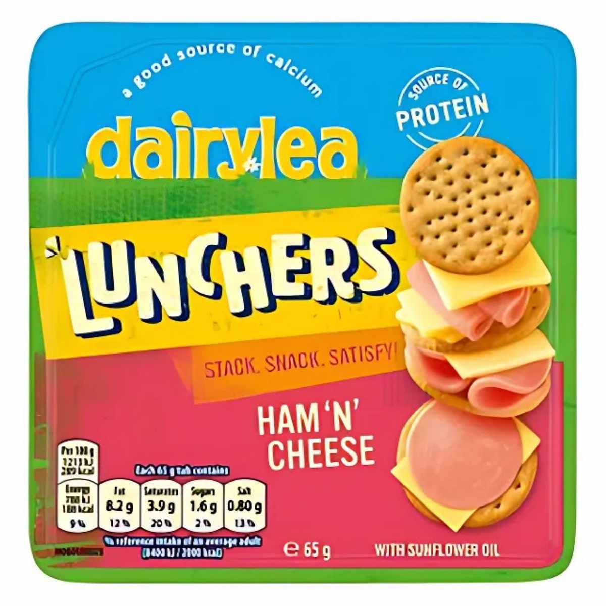 The Dairylea Lunchers Ham 'N' Cheese 65g pack provides a convenient meal with crackers, ham, and cheese slices, complete with nutritional info highlighting calcium and protein for a balanced diet.