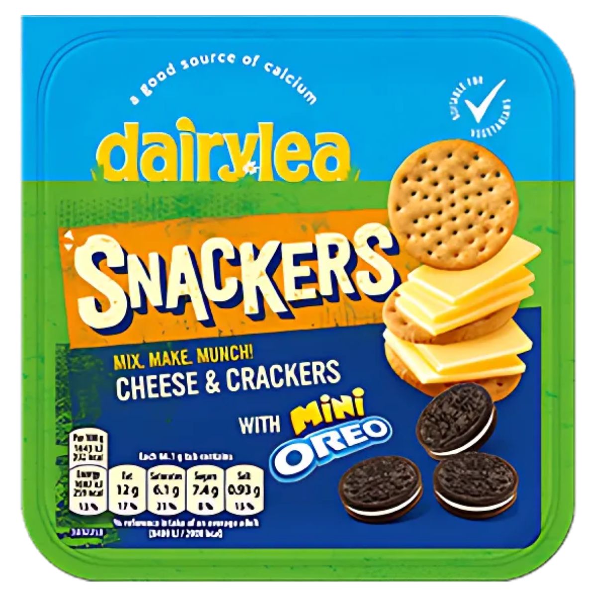 The Dairylea - Snackers Cheese & Crackers with Mini Oreo package offers a tasty mix of creamy Dairylea cheese, crispy crackers, and delicious Mini Oreo cookies.