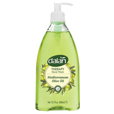 Dalan Therapy Mediterranean Olive Oil Liquid Handwash (400ml) is a clear bottle with a pump, filled with green soap for effective hand washing.