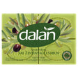 A 4-pack of Dalan Traditional Pure Olive Oil Bath Soap (125g each) featuring olive and olive branch images on a green background.