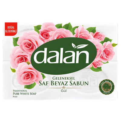 Dalan Traditional Rose Pure White Bath Soap (125g x 4 Pcs) gently cleanses skin with a floral scent. The packaging showcases pink rose illustrations and green leaves.
