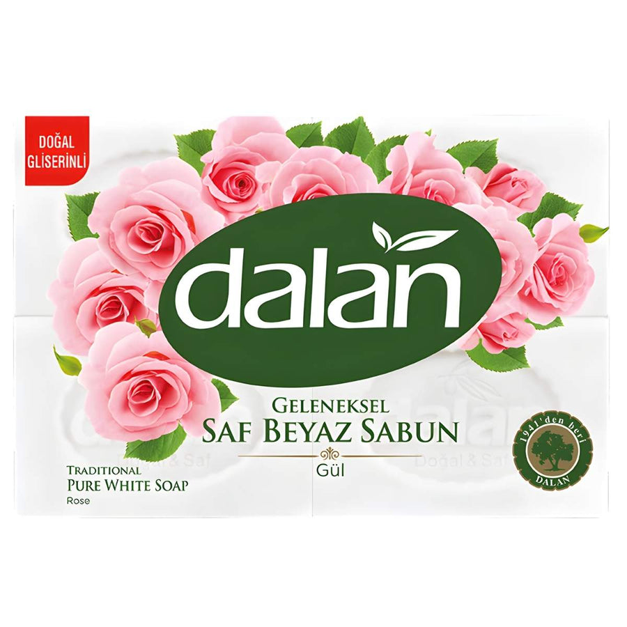 Dalan Traditional Rose Pure White Bath Soap (125g x 4 Pcs) gently cleanses skin with a floral scent. The packaging showcases pink rose illustrations and green leaves.