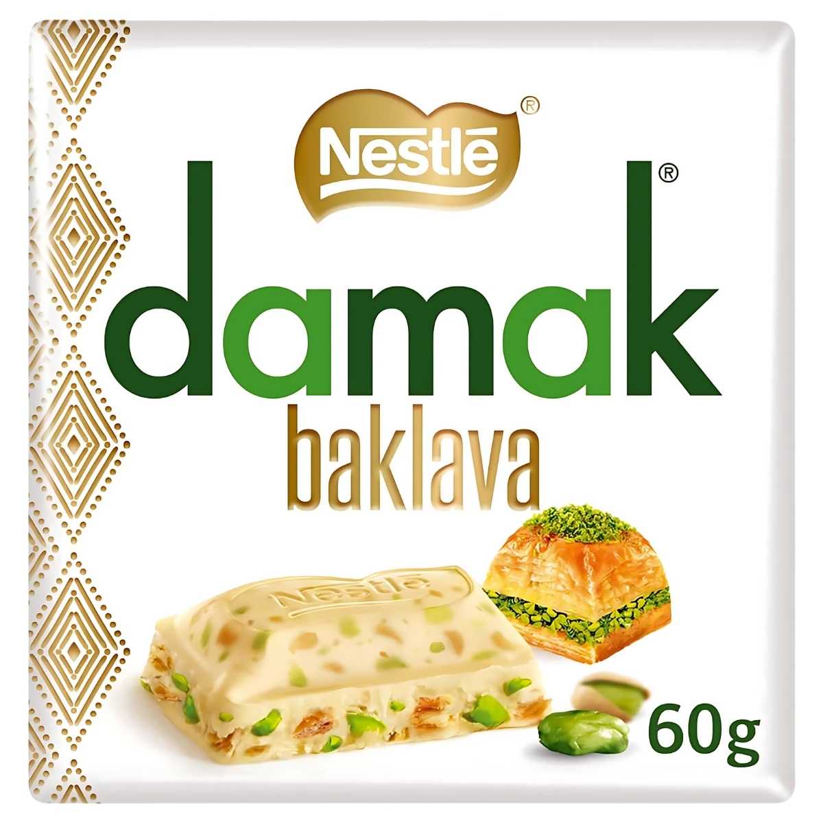 The Damak - Baklava 60g packaging radiates indulgence, featuring a piece of luxurious white chocolate garnished with pistachios alongside an enticing image of baklava.