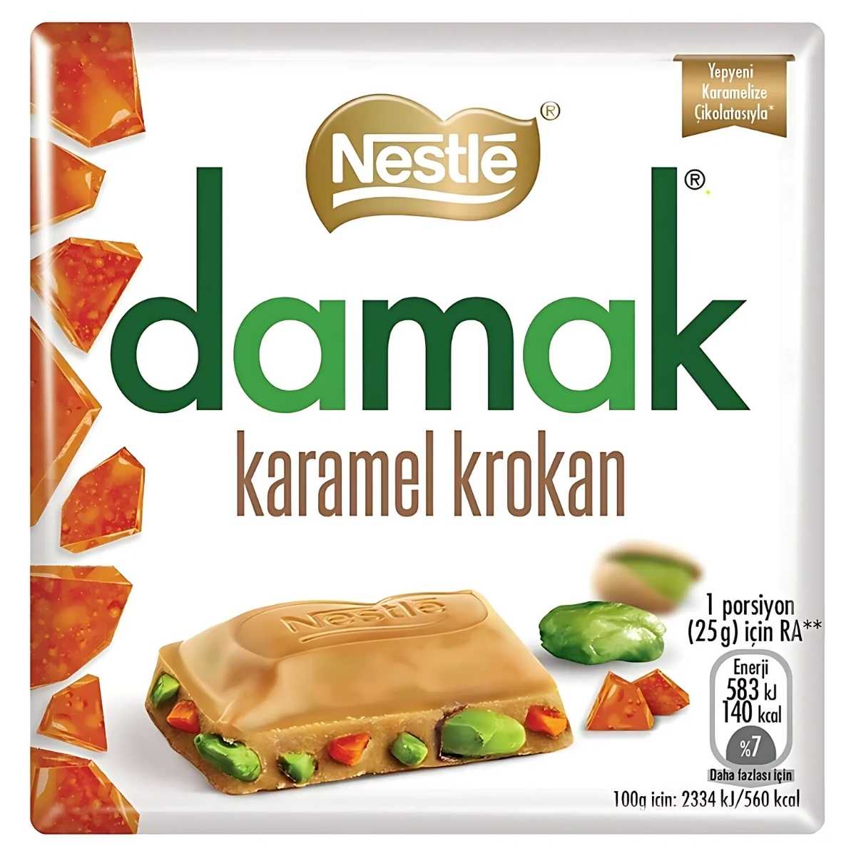 Treat yourself to the Damak - Caramel Croquant - 60g, a delightful snack featuring rich caramel, nuts, and pistachio pieces. Enjoy a premium snacking experience while easily accessing calories and nutritional information right on the front.