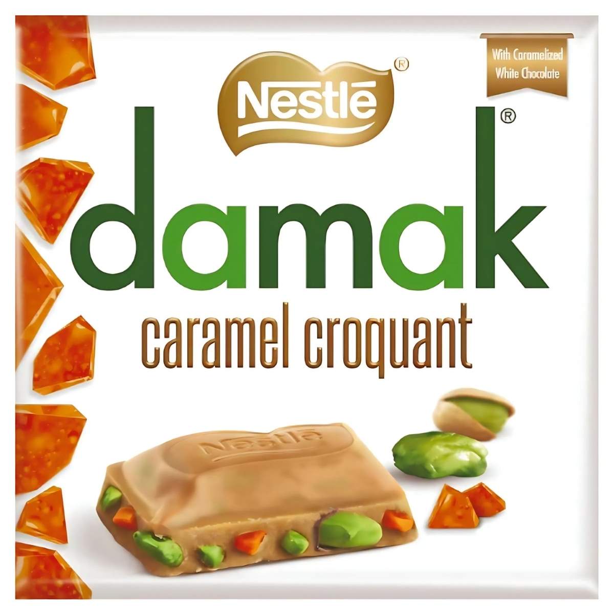 Indulge in Damak's 60g Caramel White Chocolate with Pistachio & Caramel Croquant, featuring a caramelized white chocolate bar richly adorned with crunchy pistachios and luscious caramel pieces for the ultimate sweet treat.